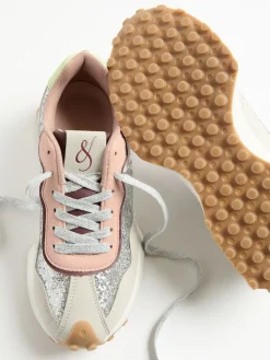 Love & Roses Mix Material Retro Comfort Jogger Trainers Silver Glitter Best