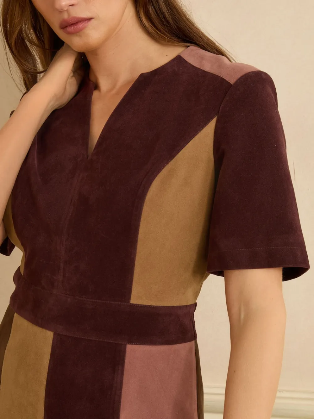 Love & Roses Tan Brown and Pink Faux Suede Mix Mini Dress Outlet