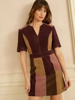 Love & Roses Tan Brown and Pink Faux Suede Mix Mini Dress Outlet