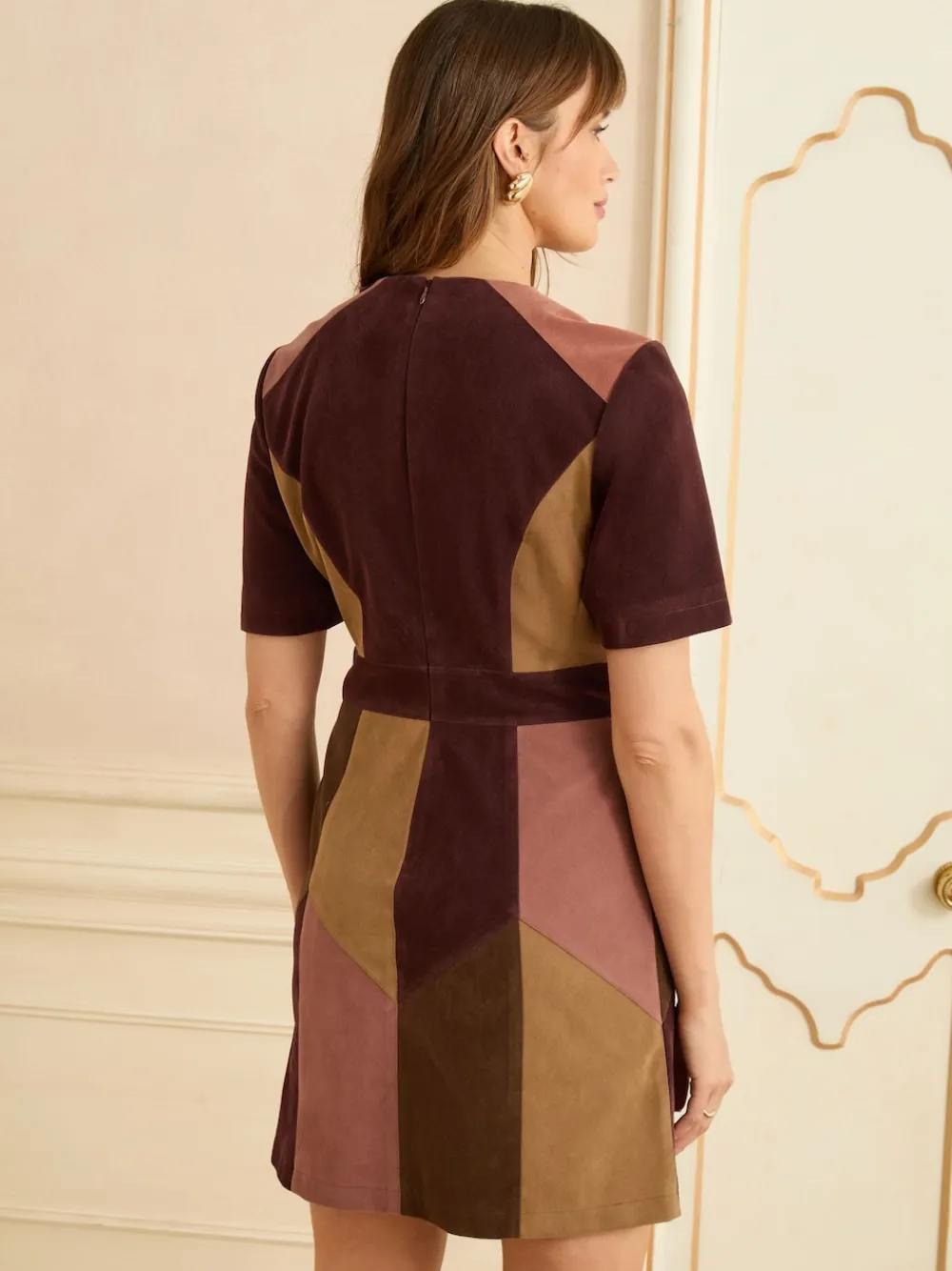 Love & Roses Tan Brown and Pink Faux Suede Mix Mini Dress Outlet