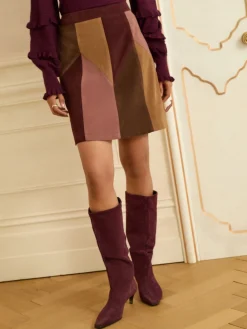 Love & Roses Tan Brown and Pink Faux Suede Patchwork Mini Skirt New