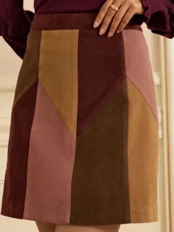 Love & Roses Tan Brown and Pink Petite Faux Suede Patchwork Mini Skirt Outlet