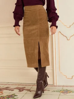 Love & Roses Tan Brown Faux Suede Slit Midi Skirt Sale