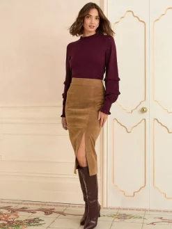 Love & Roses Tan Brown Faux Suede Slit Midi Skirt Sale