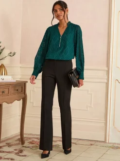 Love & Roses Long Sleeve Zip Front Blouse Teal Blue Burnout Best