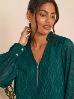 Love & Roses Long Sleeve Zip Front Blouse Teal Blue Burnout Best