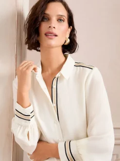 Love & Roses Button Through Long Sleeve Shirt White Ecru Metallic Sale