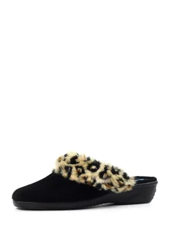 Lunar Black Burnie Leopard Print Trim Mule Slippers Online