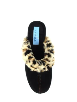 Lunar Black Burnie Leopard Print Trim Mule Slippers Online