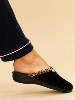 Lunar Black Michelle Animal Print Trim Wedged Mule Slippers New