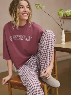 Next Mauve Purple Gingham Cotton Short Sleeve Pyjamas Clearance