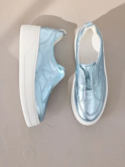 Next Slip On Signature Leather Chunky Wedge Platform Trainers Metallic Clearance