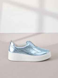 Next Slip On Signature Leather Chunky Wedge Platform Trainers Metallic Clearance