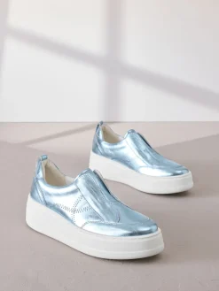 Next Slip On Signature Leather Chunky Wedge Platform Trainers Metallic Clearance