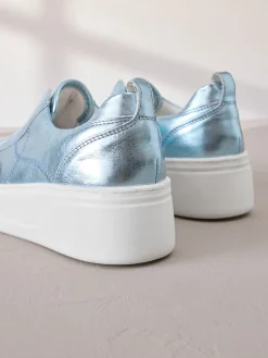 Next Slip On Signature Leather Chunky Wedge Platform Trainers Metallic Clearance