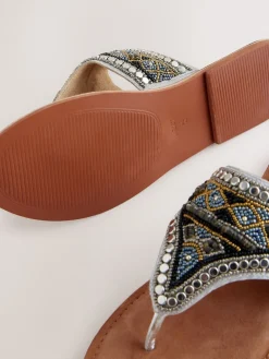 Next Metallic Standard/Wide Fit Chunky Beaded Toe Thong Sandals Outlet