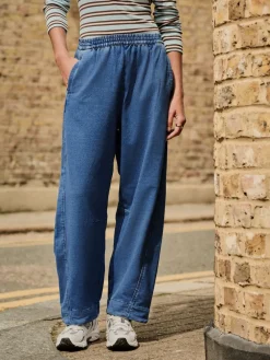 Next Barrel Leg Denim Jersey Trousers Mid Blue Best