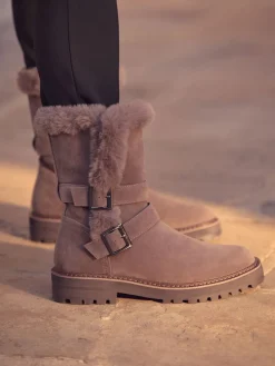 Next Mink Brown Faux Fur Double Buckle Ankle Boots New