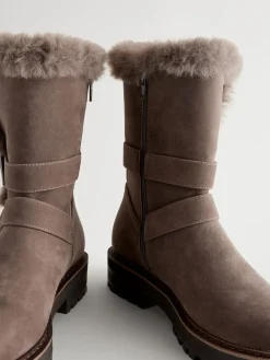 Next Mink Brown Faux Fur Double Buckle Ankle Boots New