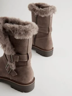 Next Mink Brown Faux Fur Double Buckle Ankle Boots New