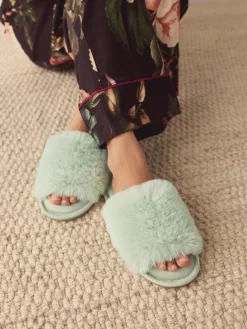 Next Mint Green Faux Fur Lined Slider Slippers Best