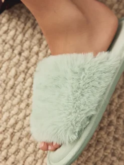 Next Mint Green Faux Fur Lined Slider Slippers Best