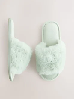 Next Mint Green Faux Fur Lined Slider Slippers Best