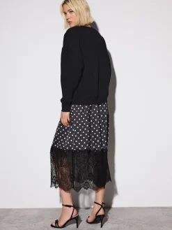 Next Mono Spot 2-In-1 Sweatshirt With Satin Midi Skirt New