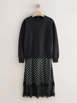 Next Mono Spot 2-In-1 Sweatshirt With Satin Midi Skirt New