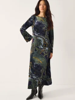 Monsoon Black Delta Print Velvet Jersey Midi Dress