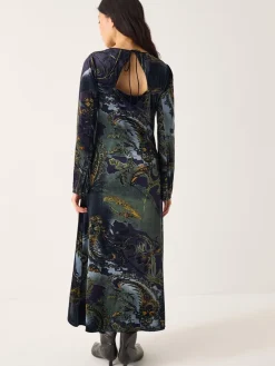 Monsoon Black Delta Print Velvet Jersey Midi Dress