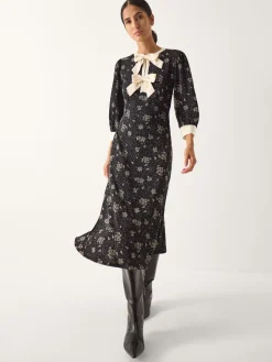 Monsoon Black Dotty Bow Floral Jersey Midi Dress Hot