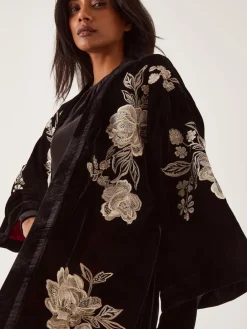 Monsoon Black Fia Floral Embroidered Velvet Kimono Outlet