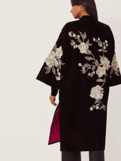 Monsoon Black Fia Floral Embroidered Velvet Kimono Outlet
