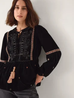 Monsoon Black Noni Embroidered Velvet Long Sleeve Blouse Online