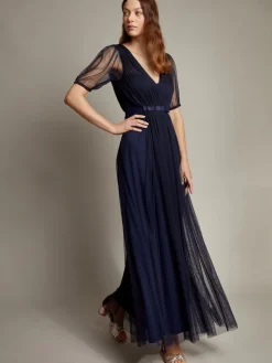 Monsoon Ellie Sheer Sleeve Plunge Tulle Maxi Dress Blue Clearance
