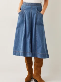 Monsoon Harper Seamed Denim 100% Cotton Midi Skirt Blue Discount