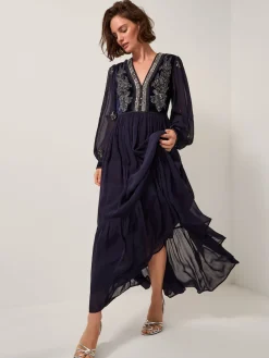 Monsoon Blue Joanna Velvet Sequin Embellished Maxi Dress Hot