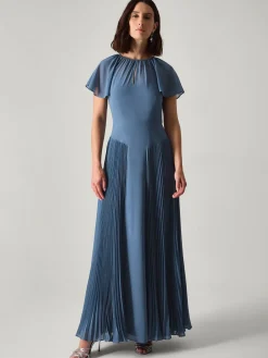 Monsoon Madison Flutter Sleeve Pleated Bridesmaid Dress Blue Hot