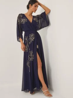 Monsoon Skyla Floral Print Embellished Maxi Wrap Dress Blue Outlet