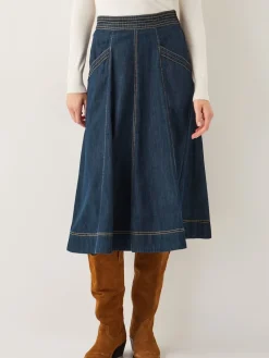 Monsoon Harper Seamed Denim 100% Cotton Midi Skirt Blue white