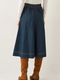 Monsoon Harper Seamed Denim 100% Cotton Midi Skirt Blue white