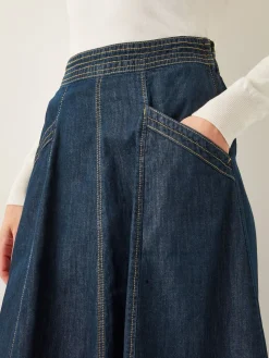 Monsoon Harper Seamed Denim 100% Cotton Midi Skirt Blue white