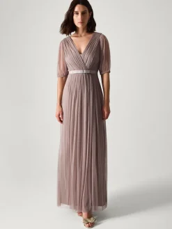 Monsoon Ellie Sheer Sleeve Plunge Tulle Maxi Dress Brown Hot