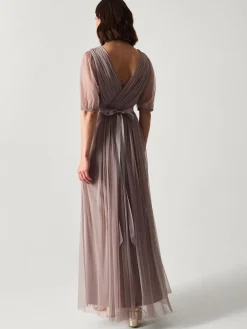 Monsoon Ellie Sheer Sleeve Plunge Tulle Maxi Dress Brown Hot