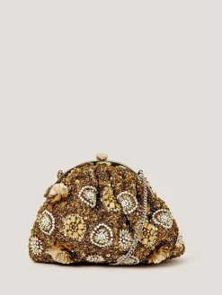 Monsoon Brown Lulu Flower Embellished Clutch Bag Outlet