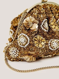 Monsoon Brown Lulu Flower Embellished Clutch Bag Outlet