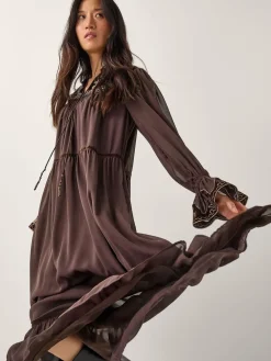 Monsoon Brown Nova Embroidered Yoke Chiffon Maxi Dress Clearance