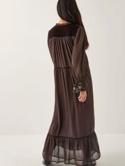 Monsoon Brown Nova Embroidered Yoke Chiffon Maxi Dress Clearance
