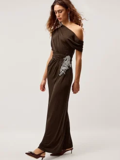 Monsoon Brown Trina Asymmetrical Embellished Jersey Maxi Dress